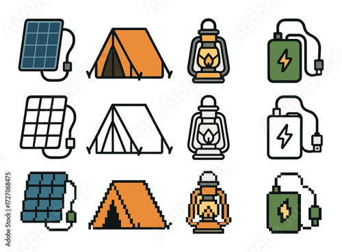Camping gear icons: tents, lanterns, solar panels, power banks for outdoor adventures