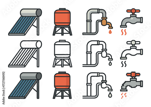 Solar water heater and plumbing system diagram with temperature indicators