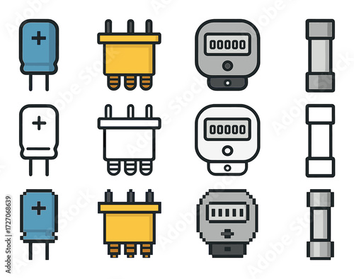 Colorful electronic components illustration with capacitors and meters
