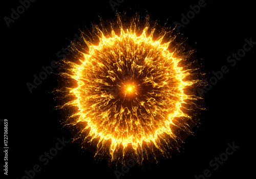 Fiery Explosion: Golden Energy Burst on Black Background.