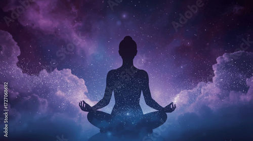 Meditation silhouette under starry sky with cosmic energy and spiritual fantasy background