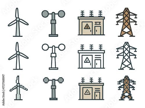 Renewable energy icons: wind turbines, anemometers, power stations, transmission towers