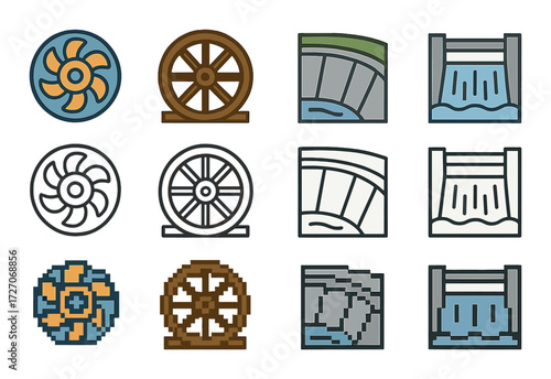 Hydropower energy icons set with water wheel and dam illustrations