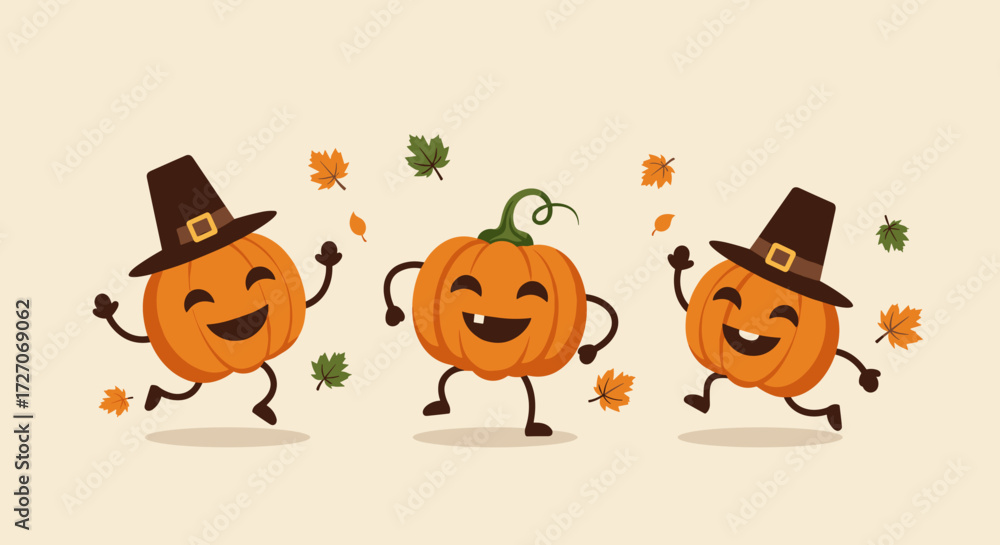 Fototapeta premium Cheerful pumpkins wearing hats dancing with leaves in autumn theme 