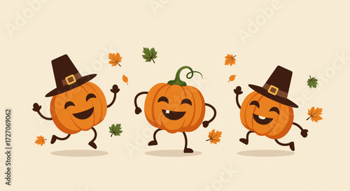 Cheerful pumpkins wearing hats dancing with leaves in autumn theme  