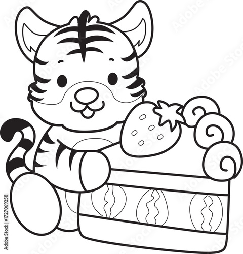 Coloring book of cute tiger character vector clip art for children.  