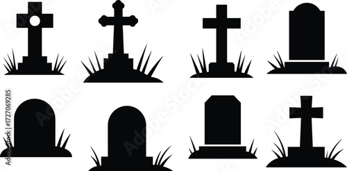 Black gravestone silhouette vector set with crosses, cemetery tombstone icons, Halloween death symbols, memorial elements for spooky design themes