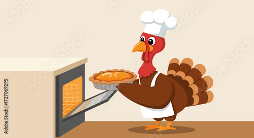 Cartoon turkey chef holding pie while pulling it from the oven for Thanksgiving  