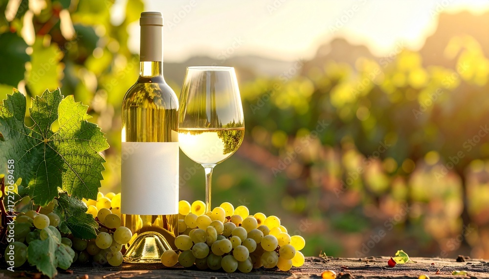 Fototapeta premium Chardonnay Wine and Grapes A Delicious Combination on a Vineyards Wooden Table