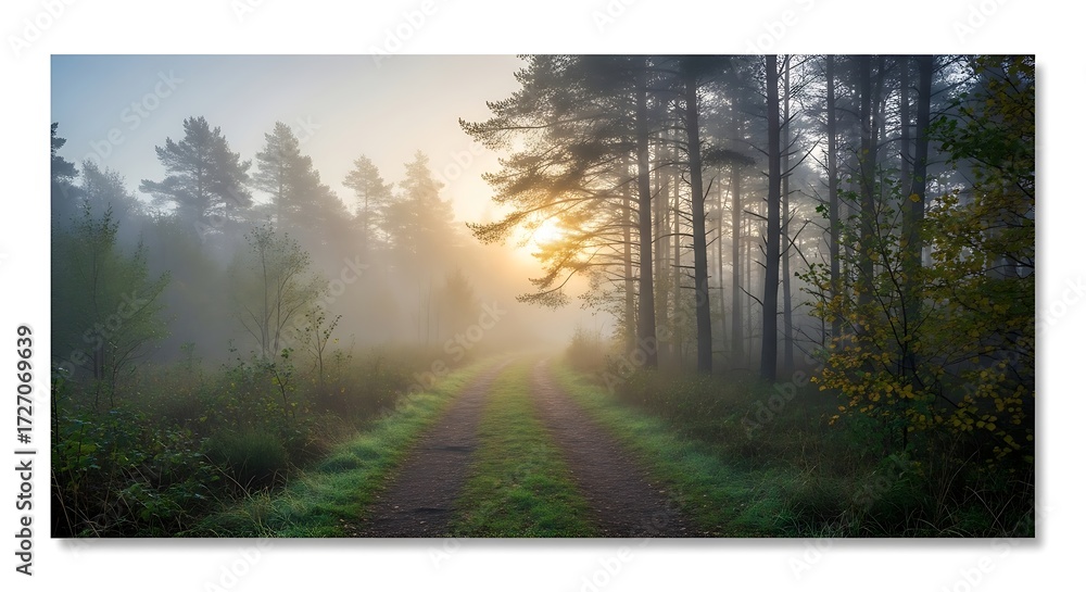Obraz premium Foggy Path with Sunrise Forest.