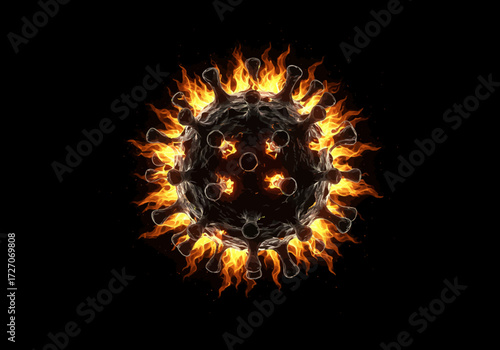 Burning Coronavirus Cell with Spikes on Black Background.