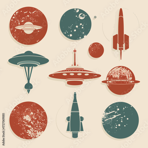 Master collection of retro sci-fi vector elements, featuring spaceships, planets, and UFOs with a vintage grunge texture