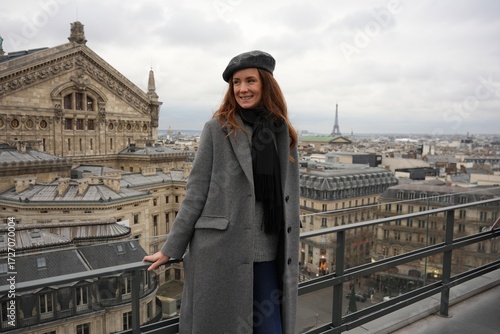Photography Stylish Woman on Paris Rooftop with Eiffel Tower View