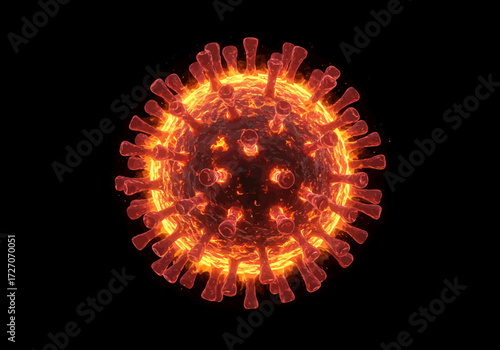 Detailed 3D Render of a Fiery Coronavirus Particle.