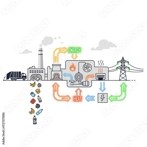 Sustainable waste management diagram illustrating the conversion of refuse into clean energy, highlighting resource recovery and environmental responsibility