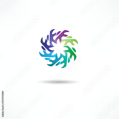 Modern abstract design featuring swirling colorful shapes on a light background