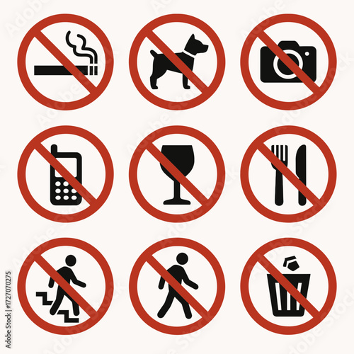 Prohibition Sign Symbols for Restricted Actions and Safety Precautions