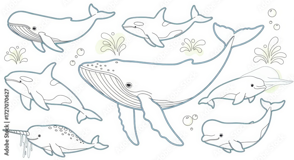 Obraz premium Marine Life Illustration Collection - A collection of line art illustrations of various marine mammals, suitable for coloring or design purposes