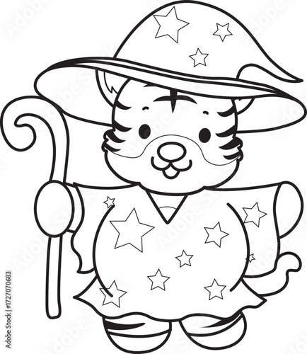 Coloring book of cute tiger character vector clip art for children.  