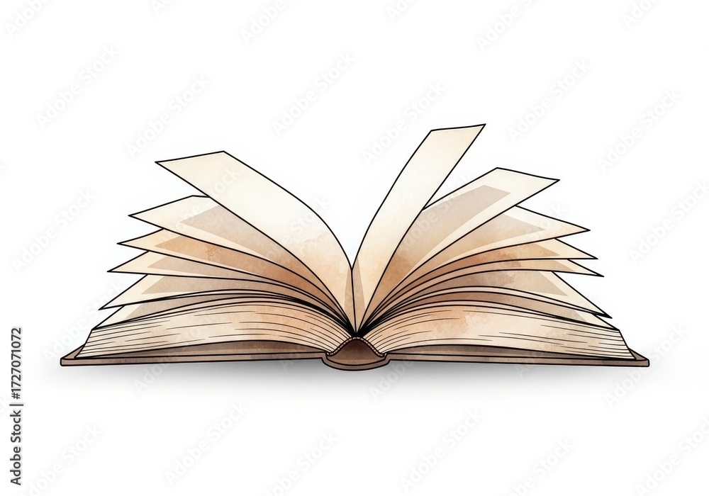 Fototapeta premium Open Book on White Background - Illustration of an open book with pages fanned out, set against a plain white backdrop. A visual of knowledge and learning