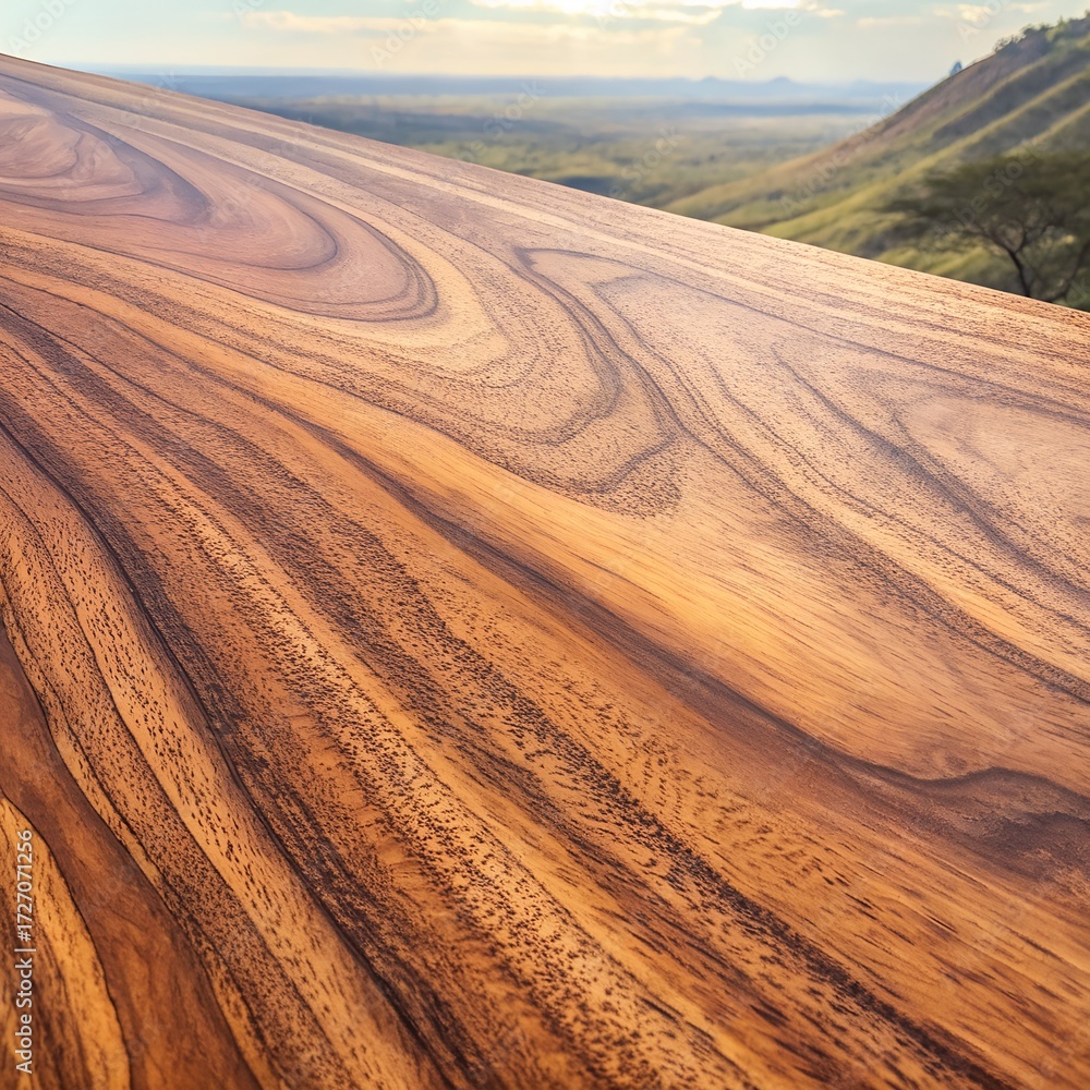Naklejka premium Close up of a wooden surface overlooking a distant landscape view point