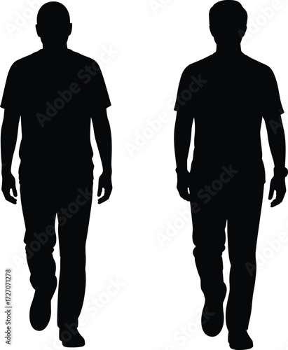 Black silhouette vector of two men walking forward in casual attire, human motion icons for animation, posture study, and design