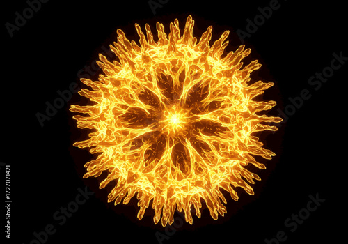 Fiery Abstract Sphere with Radial Spikes on Black Background.