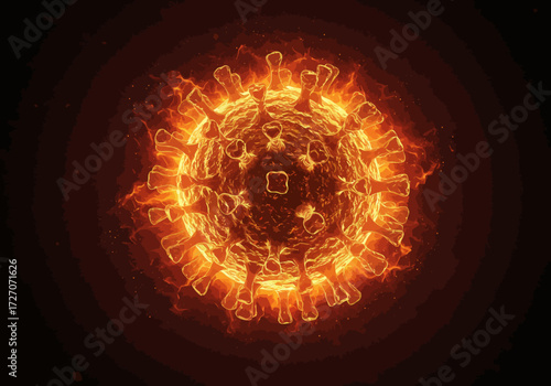 Fiery Coronavirus Illustration with Spikes and Intense Glow.