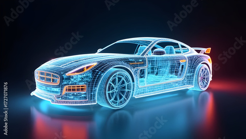 Custom LED lights illuminating car wireframe model