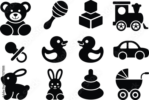 Collection of baby toys vector icons including teddy bear, rattle, pacifier, stroller, rubber duck, toy car, rabbit, blocks, and train