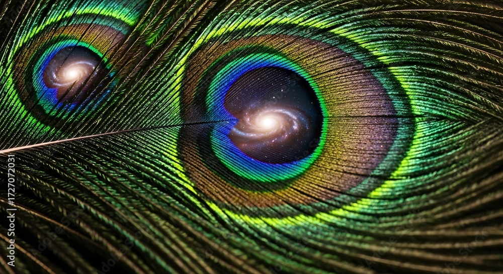 Obraz premium A close-up view of a peacock feather, but the eyespots are made of swirling galaxies and nebulae.