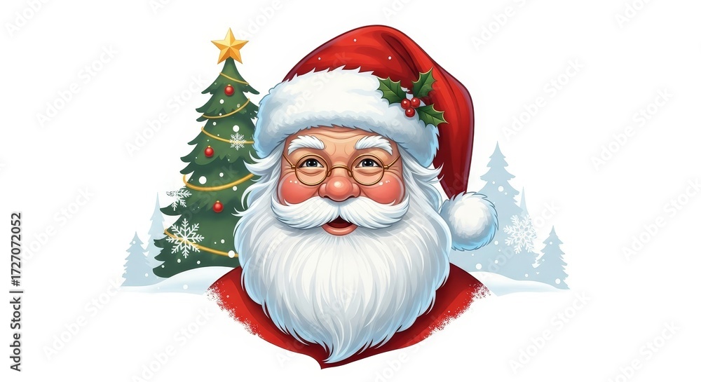 Fototapeta premium Santa Claus Portrait with Christmas Tree and Holiday Cheer - A festive portrait of Santa Claus with a white beard and red hat, celebrating the holiday season with a Christmas tree, symbolizing joy,