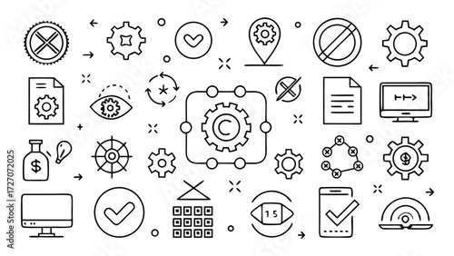 Icons showcasing essential elements of a web development project, including coding and design tools..eps