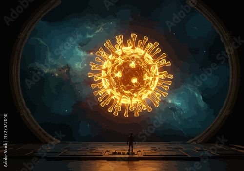 Glowing Coronavirus Particle with Spikes in Space.
