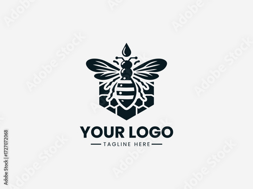 Detailed honey bee vector logo with transparent wings and honeycomb pattern for apiary business branding