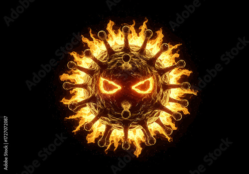Fiery Coronavirus with Glowing Eyes on Black Background.