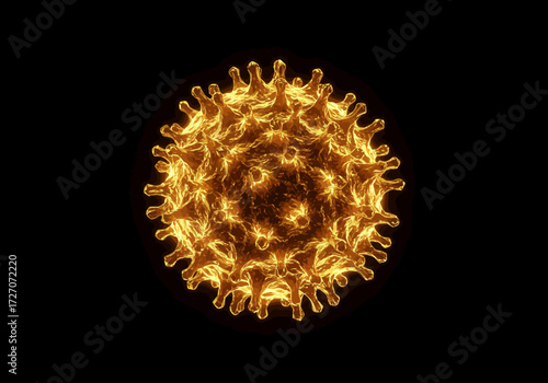 Golden Virus Particle with Spikes on Black Background.