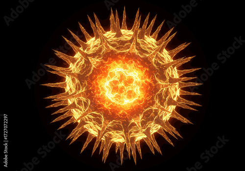 Microscopic View of a Virus with Spikes and Bright Core.