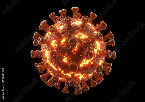 Glowing Orange Coronavirus Rendering with Spikes on Black Background.