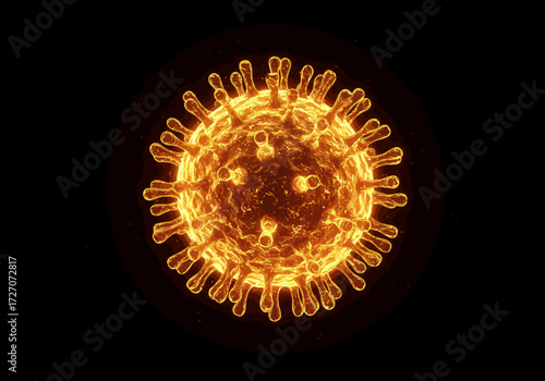 Detailed Render of a Glowing Coronavirus Particle on Black Background.