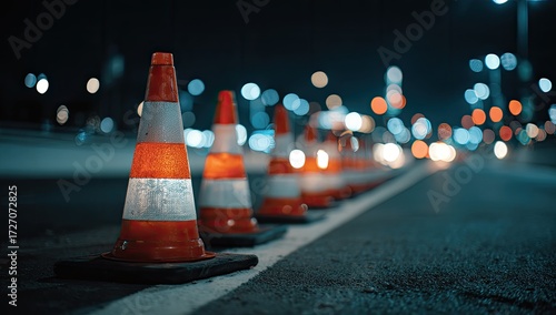 Nighttime road construction cones