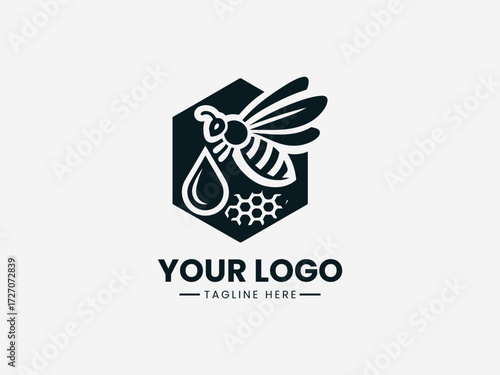 Detailed honey bee vector logo with transparent wings and honeycomb pattern for apiary business branding