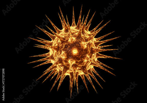 Golden Spiked Sphere with Central Light on Black Background.