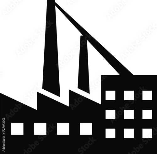 Industrial factory building with crane, warehouse structure, power plant silhouette, and construction industry vector illustration design for business use