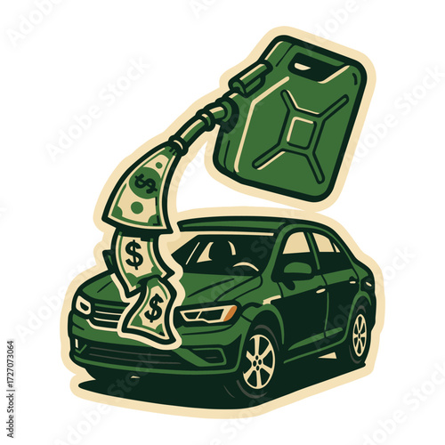 A vintage-style sticker illustration showing a car with a fuel pump pouring money instead of gas, symbolizing high car expenses.