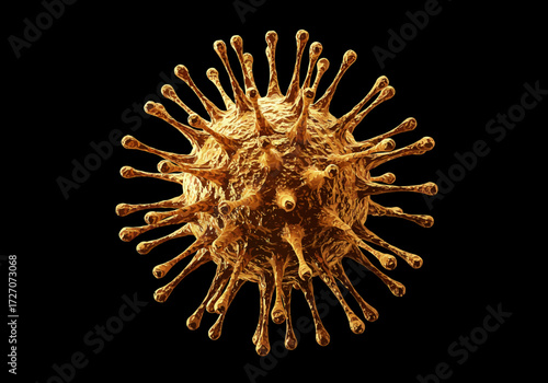 Detailed Golden Virus Rendering with Spikes on Black Background.