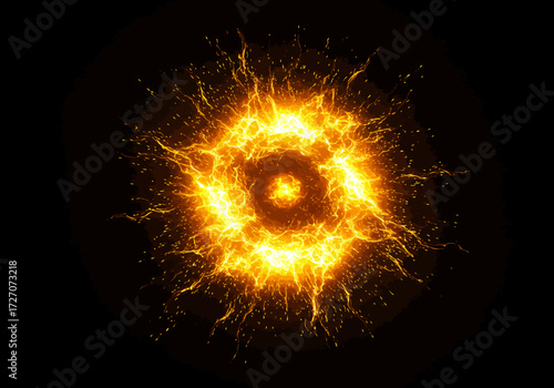 Fiery Explosion with Radial Sparks on Black Background.