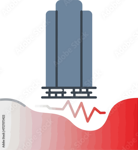 A modern skyscraper icon shaking from a seismic earthquake wave illustrated below.