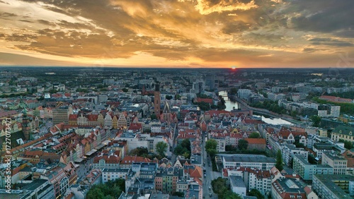 Golden Hour Aerial Panorama of Wrocław Old Town with Market Square, Historic Tenement Houses and Gothic Architecture in the Heart of Poland