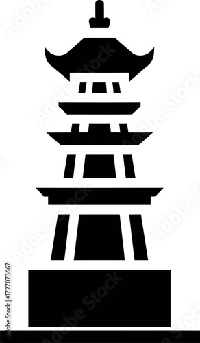 A minimalist black silhouette icon of a traditional multi-tiered Asian pagoda tower.